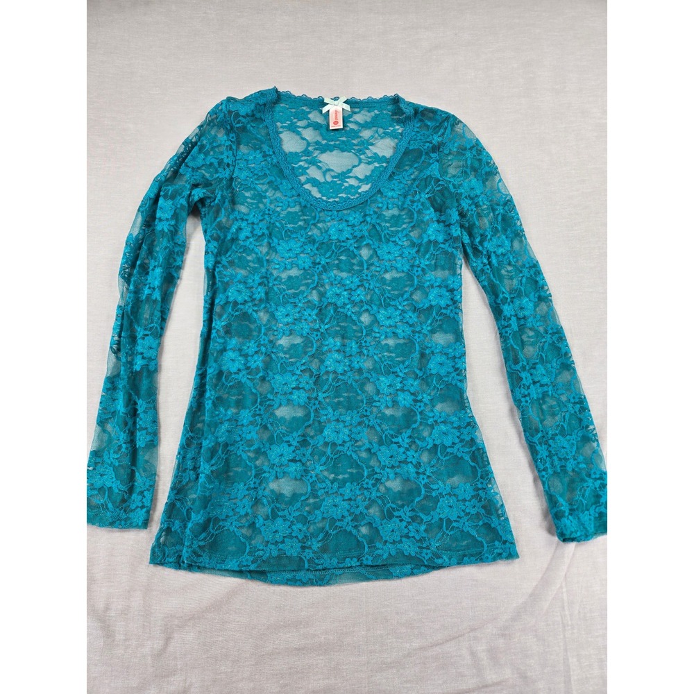 DownEast Basics Womens Teal Blue Floral Lace Sheer Long Sleeve Scoop Neck Top M